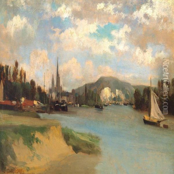 City On A River Bank In France, Presumably The Harbour Of Rouen Oil Painting - Charles-Francois Daubigny