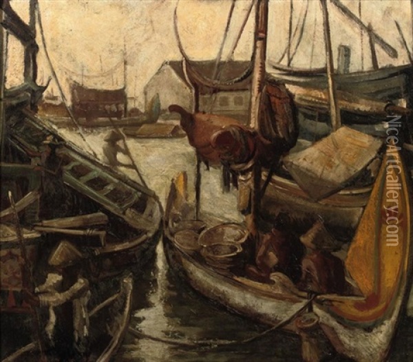 Indonesian Boats In A Harbor Oil Painting - Charles Sayers