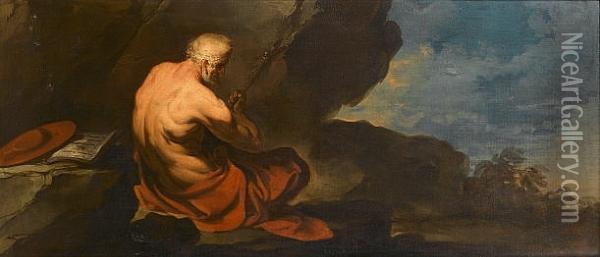 Saint Jerome Holding A Crucifix 
In The Wilderness; And The Magdalene Reading In A Landscape Oil Painting - Gaetano Gandolfi