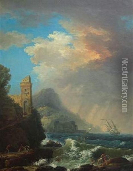 Scene De Tempete Et Naufrage Sur La Cote Mediterraneenne Oil Painting - Jean d'Arles Henry