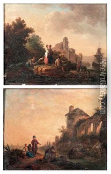 Personnages Dans Des Ruines Antiques (pair) Oil Painting - Simon Mathurin Lantara