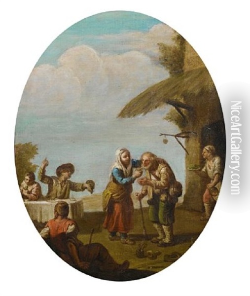 Figures Dancing And Merrymaking (+ Figures Drinking Before A Country Inn; Pair) Oil Painting - Paolo Monaldi