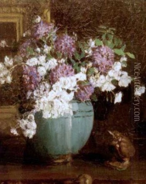 Floral Still Life In Turquoise Vase Oil Painting - Everett Lloyd Bryant