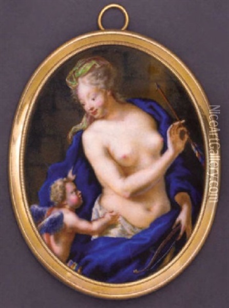 Venus And Cupid: Venus With Blue Cloak Draped Around Her Shoulders, Green Veil In Her Long Upswept Hair, Holding An Arrow And A Bow In Her Hands, Cupid Holding The Cloak Of Venus Oil Painting - Germain Colladon