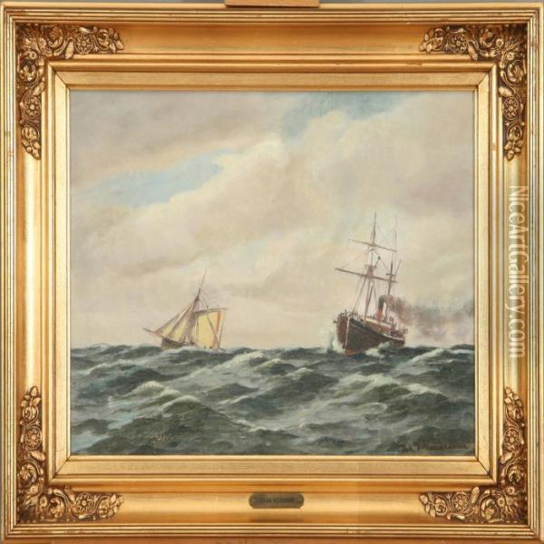 Seascape With Boat And Steamer Oil Painting - Johann Jens Neumann