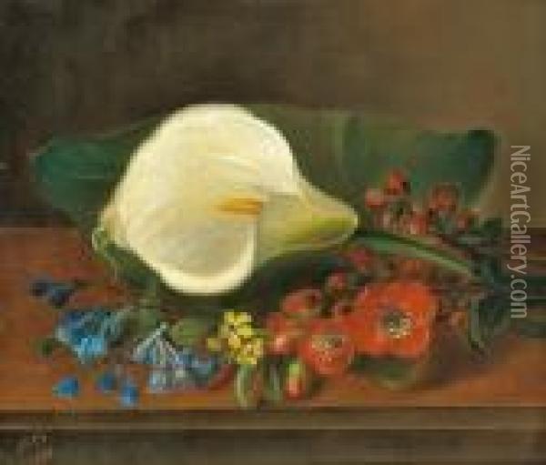 Calla Lillies And Primroses Oil Painting - Johan Laurentz Jensen