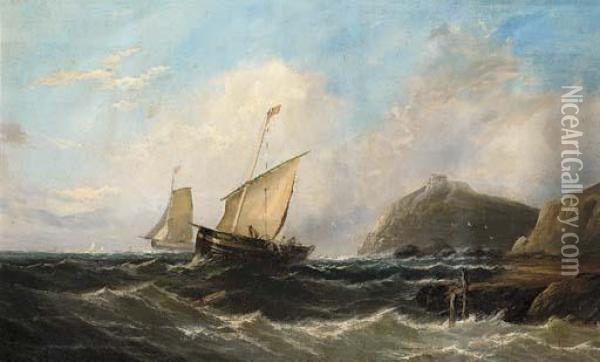 Fishermen Hauling In Their Nets Off A Rocky Headline Oil Painting - John Callow
