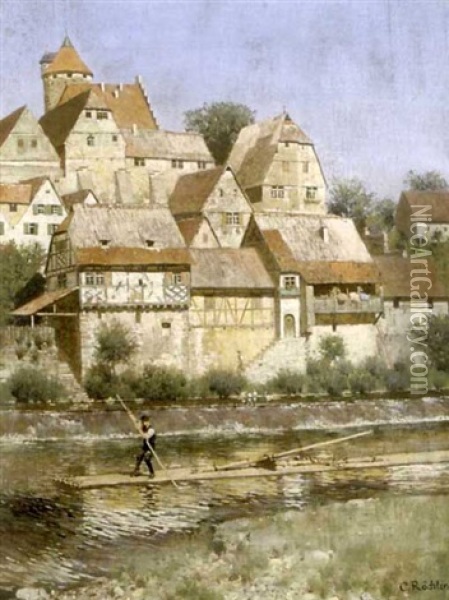 Mittelalterliches Stadtchen An Fluss Mit Stauwehr Und Holzflosser Oil Painting - Carl Roechling