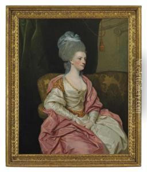 Portrait Of Mrs. Thomas Edwards 
Freeman (1758-1782), Three-quarter-length, In A White Satin Gown With A 
Pink Wrap, Seated On A Sofa In An Interior Oil Painting - Sir Joshua Reynolds