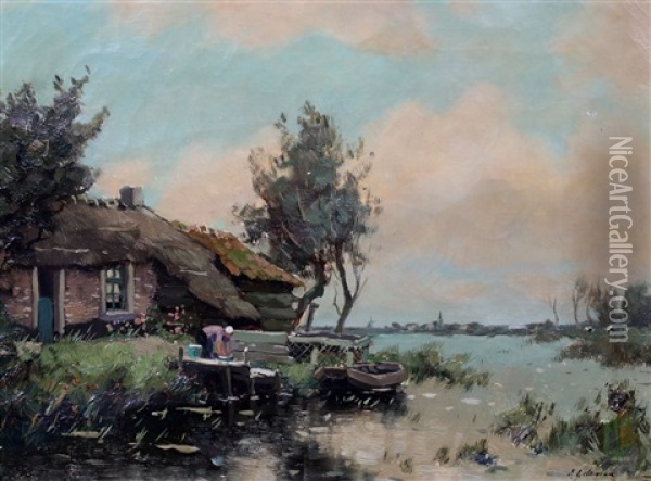 Polderlandschap Met Boerderij Langs Vaart Oil Painting - Egnatius Ydema
