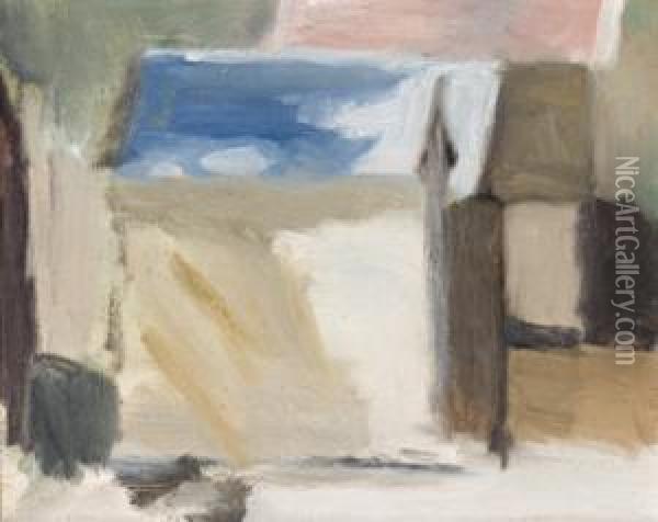 Bathing Boxes, Brighton Beach Oil Painting - Clarice Marjoribanks Beckett