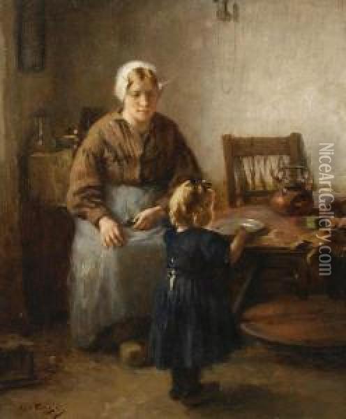 Mother And Child In A Kitchen Interior Oil Painting - Lammert Van Der Tonge