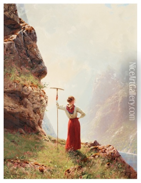 Flicka I Fjordlandskap Oil Painting - Hans Andreas Dahl