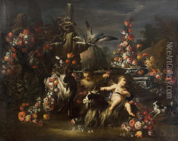 Fontana Con Composizioni Di Fiori, Putti E Capre Oil Painting - Andrea Belvedere
