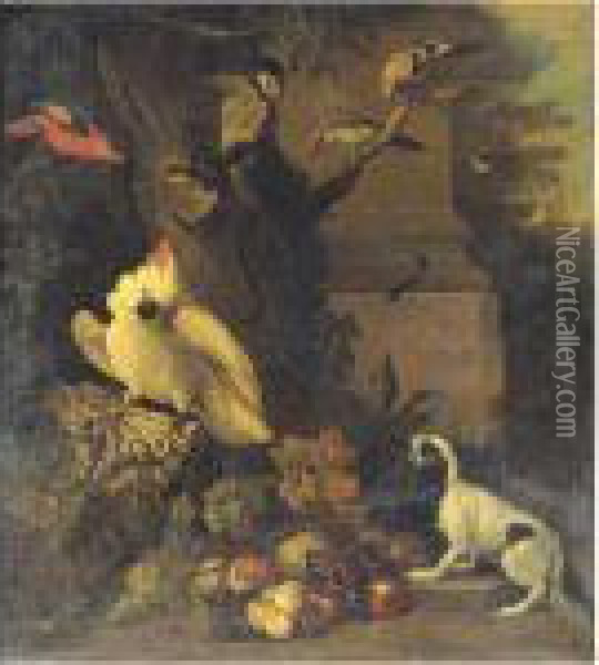 A Monkey, A Dog And Various Birds In A Landscape Among Ruins Oil Painting - Tobias Stranover