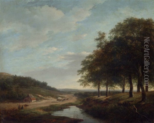 An Extensive Summer Landscape With Travellers And A Haywagon On A Sandy Track Oil Painting - Andreas Schelfhout