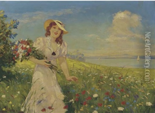 Picking Flowers At The Lake Oil Painting - Leopold Illencz