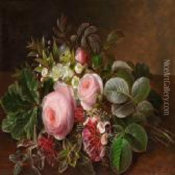 A Bunch Of Roses, Myrtle And Honeysuckle Oil Painting - Johan Laurentz Jensen
