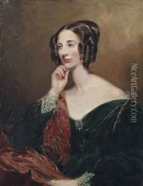 Portrait Of Lady Charlotte Penelope Sturt (1802-1879), Half-length, In A Green Dress With Lace Cuffs And A Red And Gold Wrap Oil Painting - Margaret Sarah Carpenter