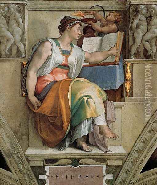 Ceiling Of The Sistine Chapel Sybils Erithraea Oil Painting - Michelangelo Buonarroti