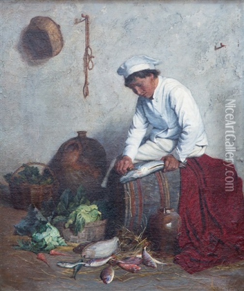 A Cook Preparing The Fish Oil Painting - John L. Wimbush