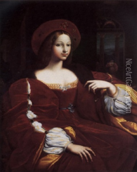Portrait Of Dona Isabel De Requesens In A Red Velvet Dress And Headdress, A Woman At A Balcony Beyond Oil Painting - Giulio Romano