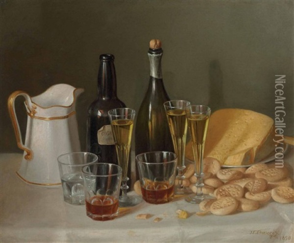 Still Life With Cheese And Wine Oil Painting - John F. Francis