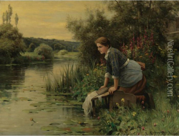 Laundress By The Water's Edge Oil Painting - Daniel Ridgway Knight