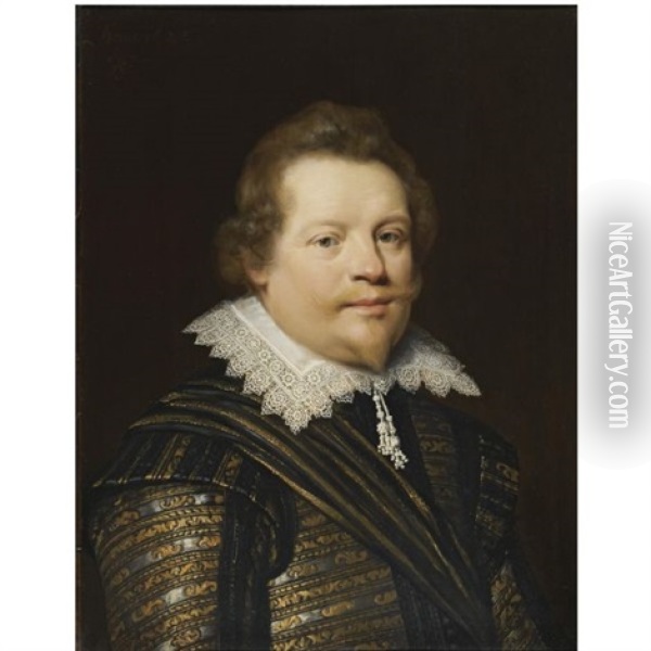 Portrait Of A Gentleman Wearing A Black And Gold Embroidered Doublet And A White Ruff Oil Painting - Jan Anthonisz Van Ravesteyn