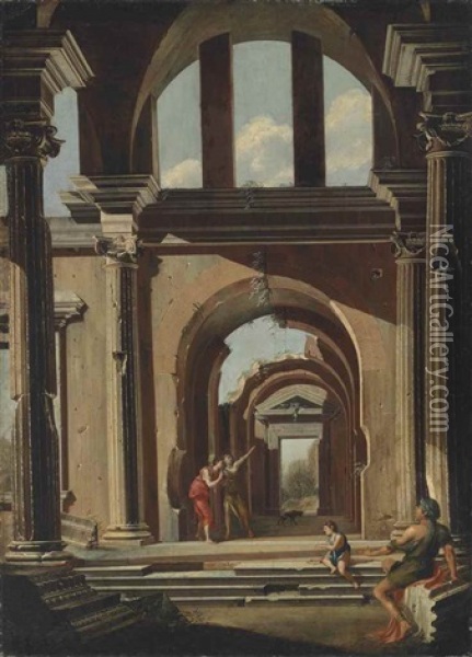 An Architectural Capriccio With Figures Beneath An Arch Oil Painting - Niccolo Codazzi