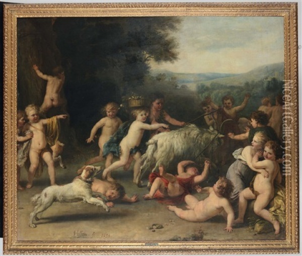 Scena Campestre Con Putti E Cane Da Caccia Oil Painting - Cornelis Cornelisz Van Haarlem