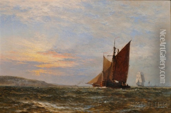 Coastal Shipping At Sunset Oil Painting - Henry Thomas Dawson