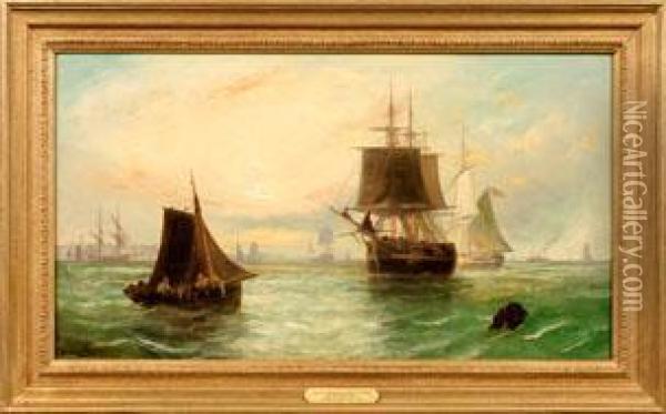 Segelschiffe Beim Ankern Vor Der Franzosischen Kuste Im Abendlicht Oil Painting - John Callow