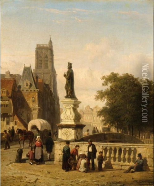 A View Of A Town In Summer With Town Folk Near A Bridge Oil Painting - Cornelis Springer