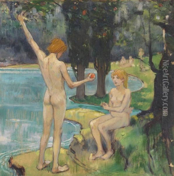 Adam Und Eva (paradies) Oil Painting - Ludwig Von Hofmann