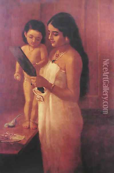 Looking into the Mirror Oil Painting - Raja Ravi Varma