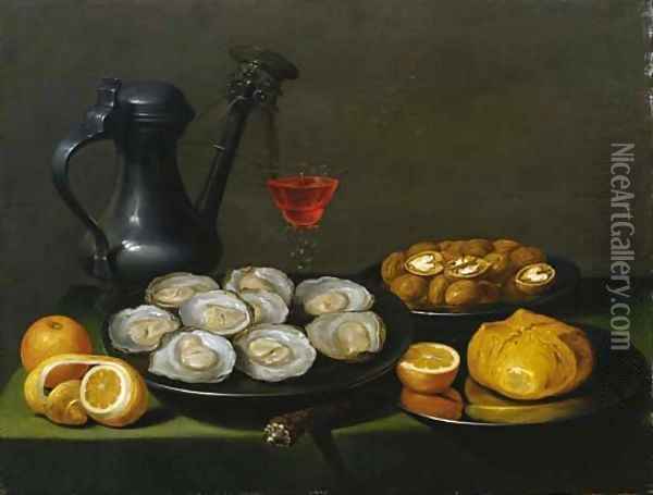 Oysters, walnuts and a bun on a pewter dish Oil Painting - Jacob Foppens Van Es:
