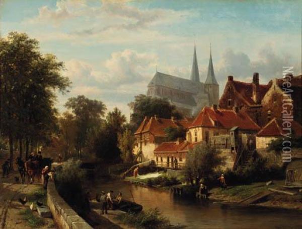 A Summer's Day In Deventer With 
Figures On The Town-wall, The Bergkerk Towering In The Distance Oil Painting - Cornelis Springer