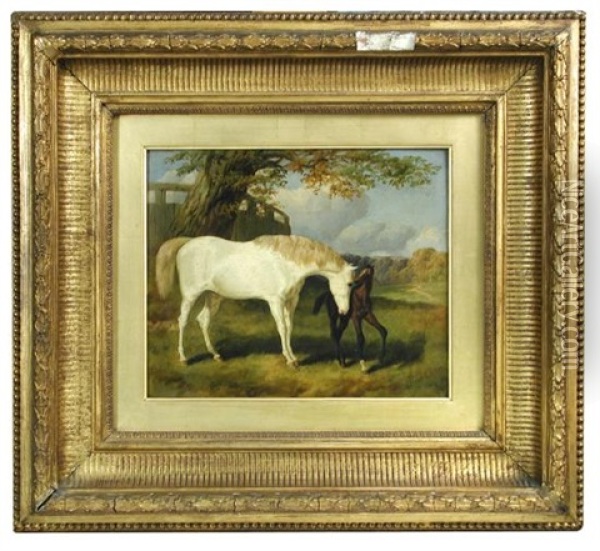 A Grey Mare And Bay Foal In A Landscape Oil Painting - Charles Jones
