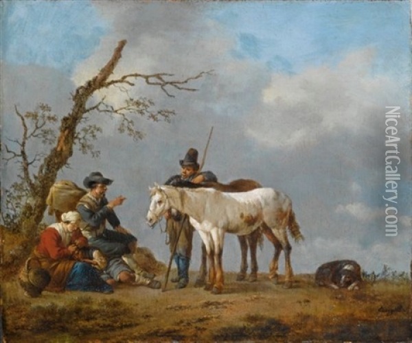 A Family And A Traveller Conversing Near A Tree, Together With Their Horses And A Dog In A Landscape Oil Painting - Johannes Lingelbach