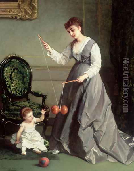 `Angel and Devil' or `Playing Diabolo, The-Devil-on-two-Sticks' 1868 Oil Painting - Cesare Felix dell' Acqua