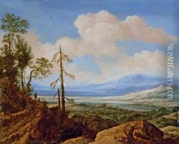 An Extensive Rocky Landscape With A Traveller Resting On A Path Oil Painting - Pieter De Molijn