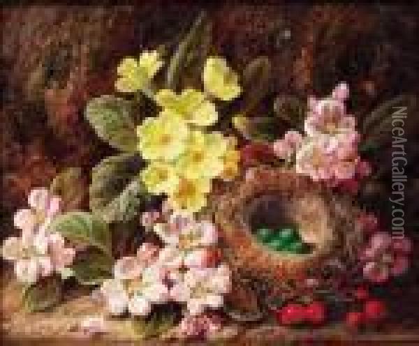 Primroses, Apple Blossom, And A Bird's Nest, On A Mossy Bank Oil Painting - George Clare