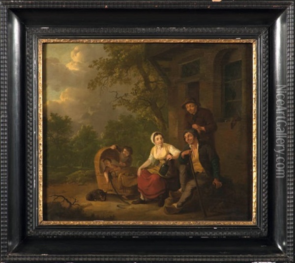 Scene Familiale Devant La Ferme Oil Painting - Petrus Johann Van Regemorter