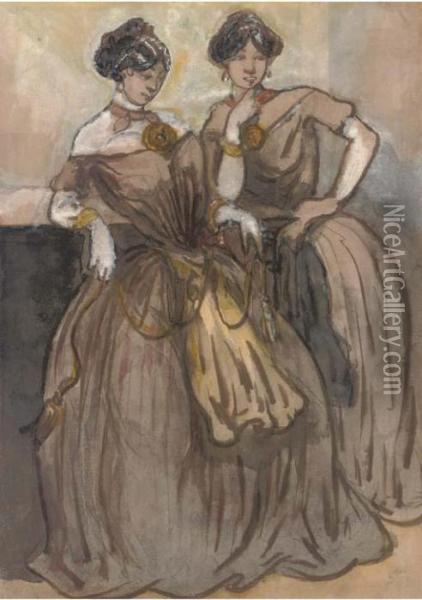 Two Elegant Ladies Of Fashion Oil Painting - Constantin Guys