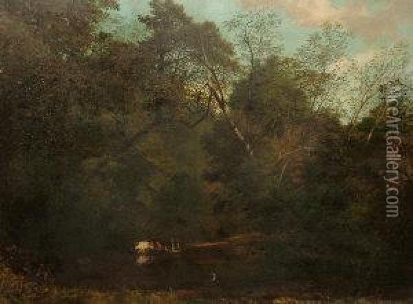 Cattle Watering In A Woodland Pond Oil Painting - George Sant