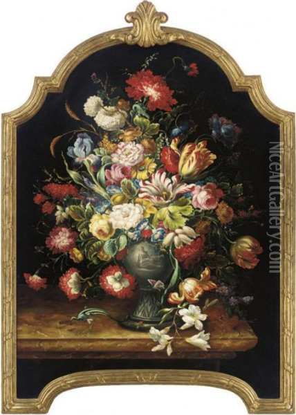 Roses, Parrot Tulips, And 
Carnations In A Vase On A Marble Ledge;and Irises, Morning Glory And 
Butterflies In A Vase, On A Marbleledge Oil Painting - Jan Davidsz De Heem