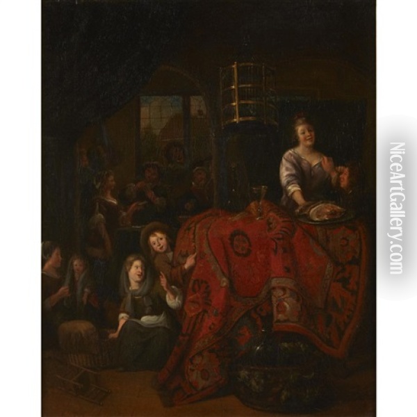 An Interior With Woman Serving Meat And Wine, Children Playing On Floor, And Figures Playing Oil Painting - Richard Brakenburg