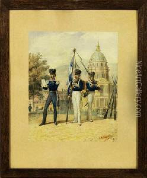 Preusischeroffizier Und Zwei Infanteristen Vor Einer Kirche Oil Painting - Gustav Schwartz or Schwarz
