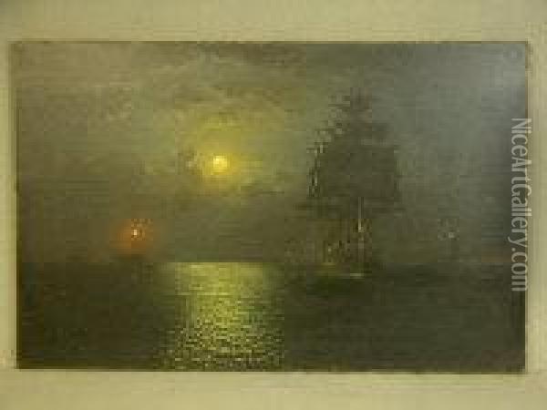 Clipper On A Calm Night Under A Full Moon Oil Painting - E. Adams